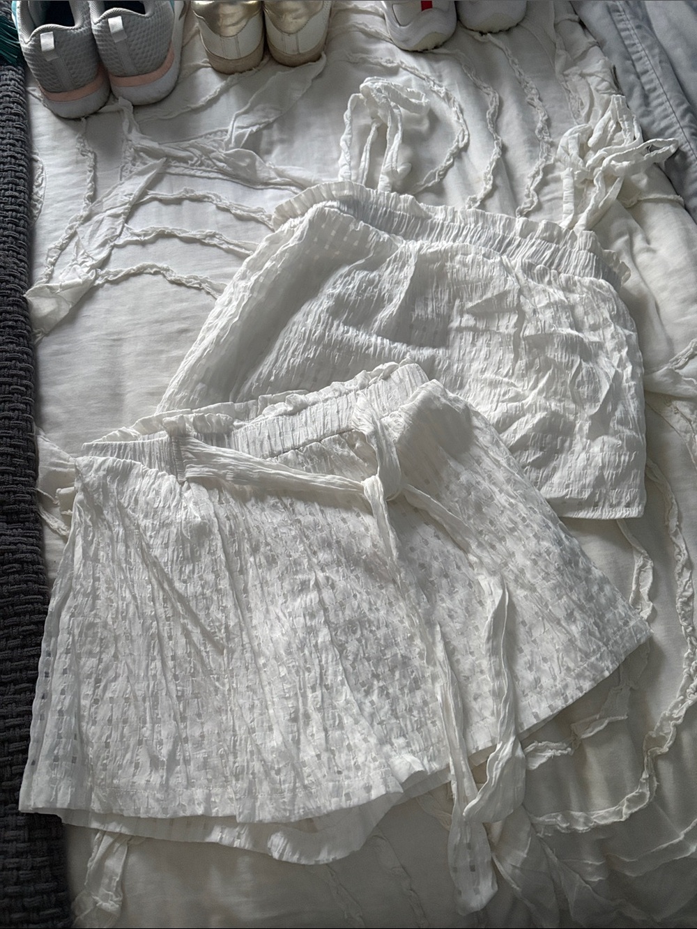 White Textured Tiered Mini Skirt with Tie Waist